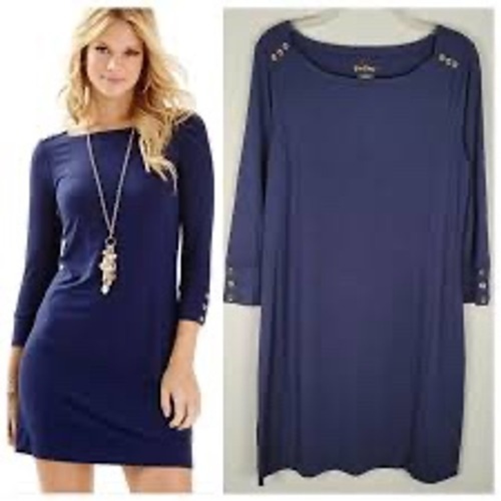 Lilly Pulitzer Navy Blue 3/4 Sleeve Dress Gold Button Detail Womens XS